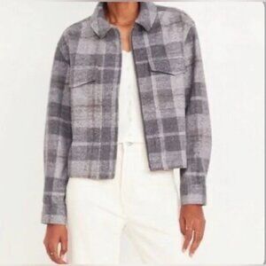Women's Cropped Gray Plaid Shirt Jacket